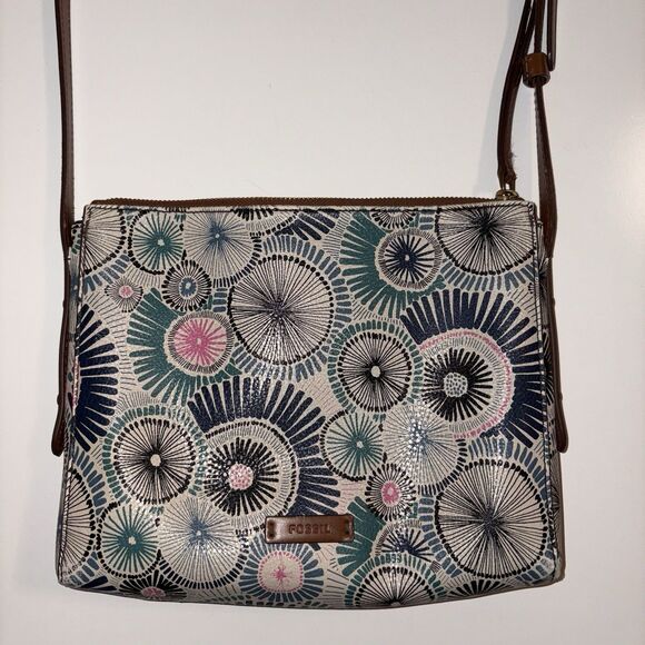 Fossil Faux Leather Blue Starburst Pattern Crossbody Bag Purse Medium Zip Top - Picture 1 of 16